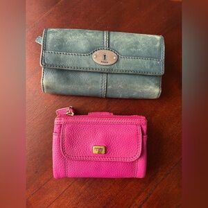 Fossil Teal Foldover Wallet and Pink Mini Zip Wallet Set